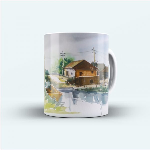 Indian village painting printed mug white